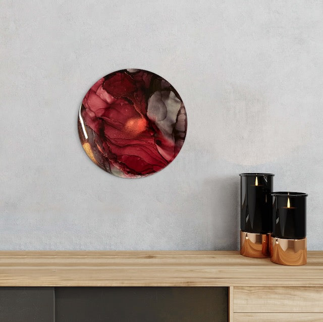 Cycle of life and death in abstract symbolism. Wall art hung over a mantle representing the Phoenix sun bird and the death card in tarot readings, a symbol of letting go and of our transformation as we rise from the ashes by Inkandescent Arts.