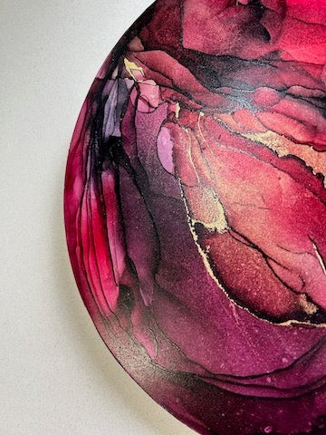 Modern abstract wall decor in a stunning array of red and burgundy with gold lines in fluid gold and real gold leaf. A perfect adornment for the hall, bedroom or living area.