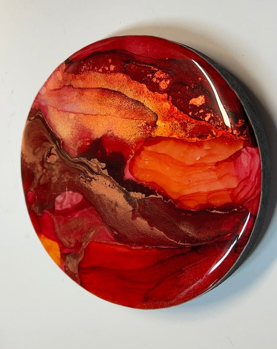 An expression of spiritual energy and reawakening. Resin, abstract fluid art painting featuring tones of deep red, orange-red, metallic copper and gold.  Wall art by Inkandescent Arts. Original resin red abstract wall art expression. WALL ART. ART FOR THE HOME.