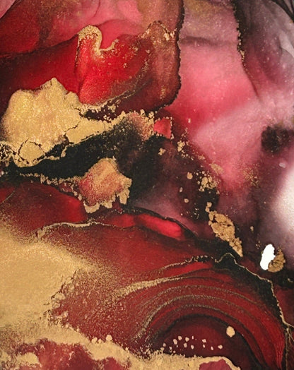 Beautiful visions of red tones and brass in this detail shot of 'Instinct.' Matt. Expressive wall art by Inkandescent Arts Original red and metallic abstract wall art expression. Matt wall art abstract round.