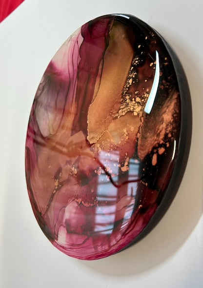 Abstract artwork displayed angled to the left showing  the glossy coat and vibrant colours.  With themes of the death card and Phoenix symbolism it is a powerful metaphor for rising like a phoenix - by Inkandescent Arts.