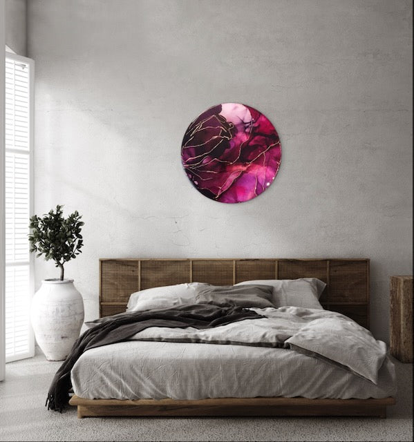 Abstract bedroom wall art hung above a bed, featuring burgundy, red purple and copper. A death and rebirth cycle based on the tarot death card and the fire phoenix by Inkandescent Arts.