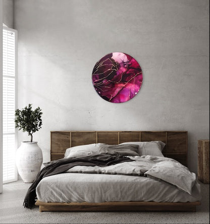 Abstract bedroom wall art hung above a bed, featuring burgundy, red purple and copper. A death and rebirth cycle based on the tarot death card and the fire phoenix by Inkandescent Arts.
