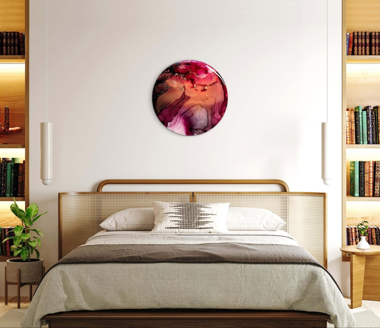 Modern decor on a bedroom wall with a bed beneath and shelving to the side. Abstract artwork that helps deliver a warm and cosy ambience to your room. A 10 inch round symbolic of transformation and courage.