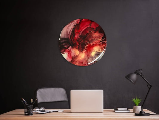 Office art in fire colours, adorning a dark wall over a desk, and rebirth symbolism based on the major arcane death card in tarot and the phoenix rising representing rebirth and new beginnings through metamorphosis.
Abstract wall art by Inkandescent Arts.
