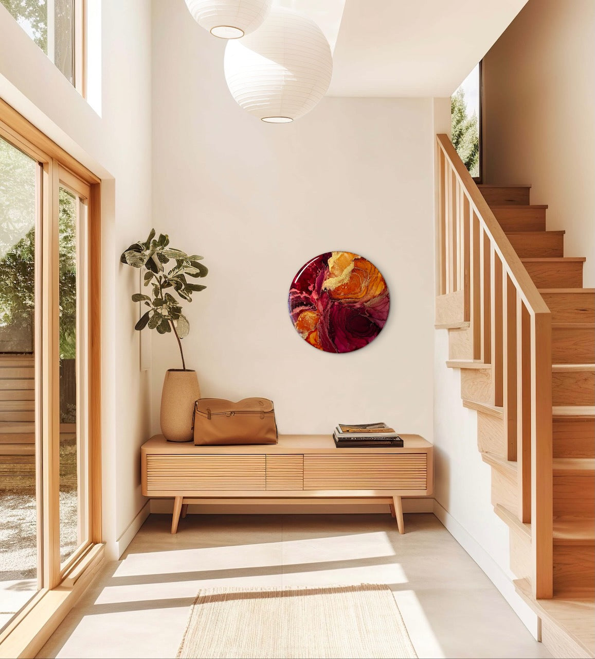 Circular wall art decor of orange red and gold on an neutral coloured office wall above a wooden desk with a green chair. Abstract phoenix rising; rebirth symbolism in art representing courage rebirth and transformation. 