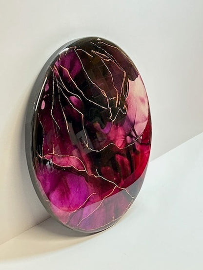 Rebirth symbolism featuring burgundy and violet colours. Copper leaf emblazoned as in kintsugi style.  Abstract wall decor for neutral homes.
