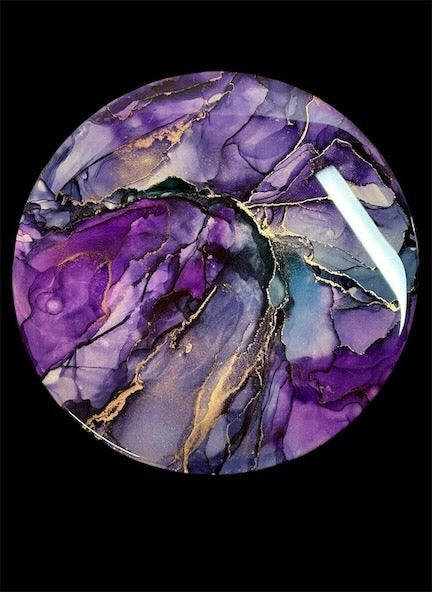 Purple art for purple lovers. Circle abstract wall ornament for bedroom with gold and brass filaments.