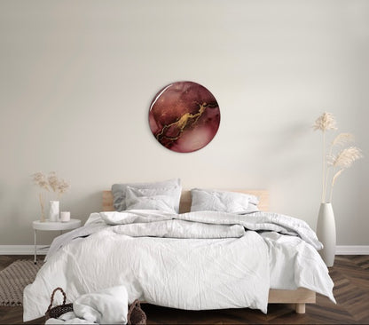 A round fantasy abstract symbolic of rebirth, transformation and courage on a modern bedroom wall. Rich warm colours of burgundy and gold are features of this art piece.