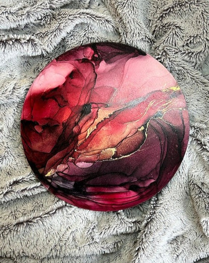 CARDINAL - Modern, luxury art. Featuring the life force and energy that resides within. A design of deep tones of red interspersed with metallic gold, by Inkandescent Arts.   Red abstract ink art round.