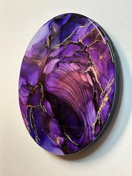 A powerful and dynamic piece in purple and 23kt gold leaf. Otherworldly storm portal. A gateway into alternate realms. Inkandescent Arts
