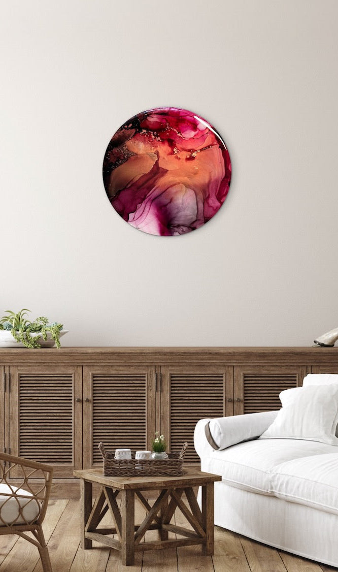 Colourful circular artwork on a lounge wall, wooden sideboard, and white sofa. A contemporary abstract painting and expression of transformation, rebirth and new beginnings. 
Wall art decor that encourages you to push through your season of bad times - that good times are just around the corner. You just have to keep going.