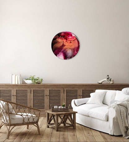 Colourful, contemporary painting, artwork displayed on a living room wall. Based on the arcana death card and the phoenix rising it represents rising from the ashes after embracing change - By Inkandescent Arts.