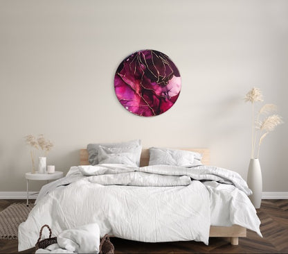 A round, contemporary painting of 10 inches hangs over a double bed - Transformation symbolism featuring deep red and copper this bedroom wall art decor would be perfect to brighten up your interior room.
