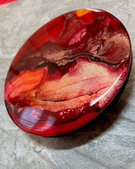 Warm colours fill this small abstract creation. Perfect art to fit on a small wall, a gallery wall, or on a shelf.
