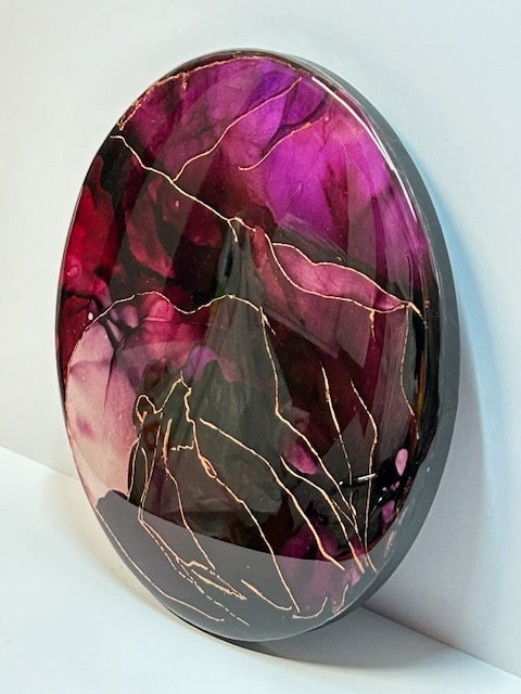 Angled original artwork displaying shine, colour and depth - Empowering art through a copper leaf, wine red and violet kintsugi painting. A symbol of endings and beginnings - by Inkandescent Arts.