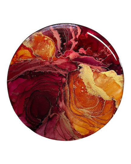 Art symbolism based on the Phoenix rising. Crimson and warm orange weave and inter lap in lines and circles. A creation of depth with metallic copper and gold. 
