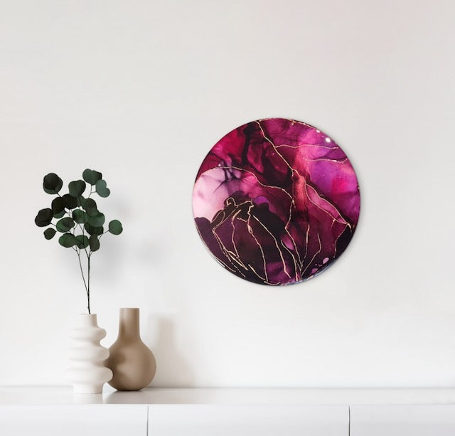 Hall art on an interior wall above a self - richly coloured in warm and cosy jewel tones it carries an abstract symbolism of healing, transformation and resilience - inspired by the phoenix fire bird and kintsugi art design.