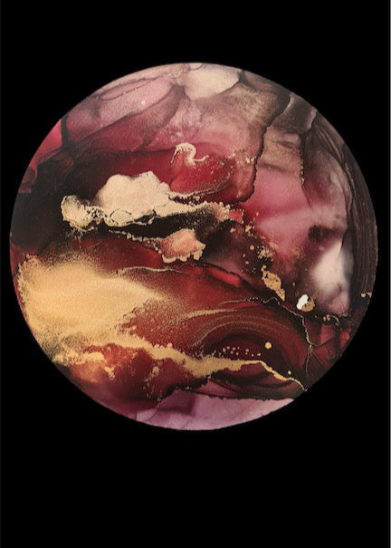 Abstract symbolism in deep red and obsidian with a golden, otherworldly incandescence.

Dark, moody and atmospheric. Encapsulating the INSTINCT of survival where we rise from the ashes.
