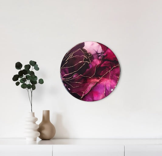 Original abstract art of burgundy and copper displayed on a wall above a mantle. Kintsugi, the art of repairing broken pottery, adapted into art to represent fractures and veins of experience and imperfections. A symbol of healing by Inkandescent Arts.
