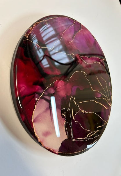 Luxury art featuring burgundy, red and copper leaf lines - artwork represents renewal and personal growth and is inspired by the mythical Phoenix and death oracle card. Red kintsugi - by Inkandescdent Arts.