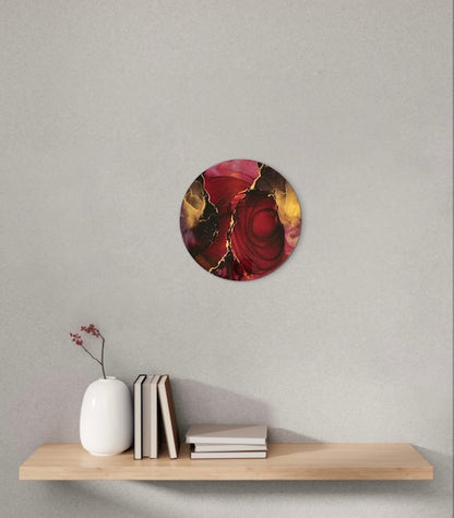 Metaphorical artwork adorns a wall over a shelf. This red and gold, fiery, mixed media art speaks of rising from the ashes based on the Phoenix myth and death card interpretations - symbols of renewal, change and overcoming challenges by Inkandescent Arts.