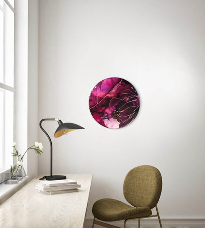 Office wall art hangs above a desk. Kintsugi art of dark red and purple violet that melds the death tarot card meaning and the phoenix fire bird into symbolic art.  Healing symbol by Inkandescent Arts.