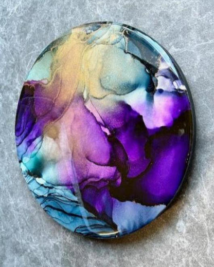 Original wall art of modern abstract design created in inks, with layers of resin giving a beautiful mirror like shine, akin to ethereal and watery fantasy portals to otherworldly realms.
Colours of amethyst and agate divide in equal parts, portraying the yin and yang of marriage and commitment needed on both sides of a relationship to become one.
The yin and yang.
By Inkandescent Arts.