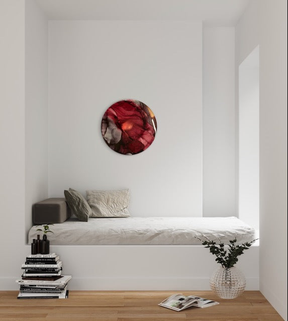Wall art for the bedroom hung above a bed. Art that represents the cycle of change from rebirth to transformation and recovery revolving around tarot art - death - and the phoenix of myth. Small wall decor by Inkandescent Arts.