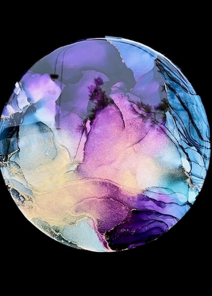 Abstract circular artwork with swirling colors on a black background