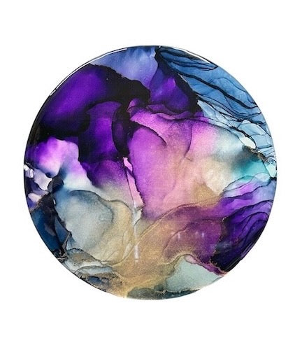 A round abstract painting featuring purple and turquoise inspired by Psyche, Goddess of the soul portraying the strength and fortitude to carry on in the face of adversity - by Inkandescent Arts.