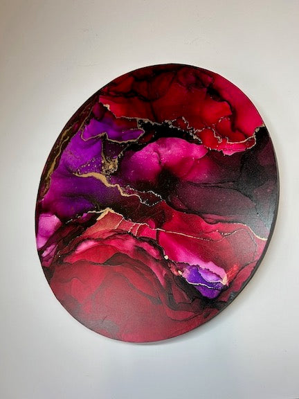 Wall art, an original artwork in a modern design. A creation of deep wine and violet with metallic lines. Ethereal artwork ready to hang in your home.
