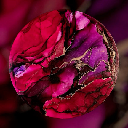 Wall ornament. Red and violet hues dominate ‘Rebellion,’ original art, circular abstract for interiors. Brass ink fractures fork out atop the warm tones