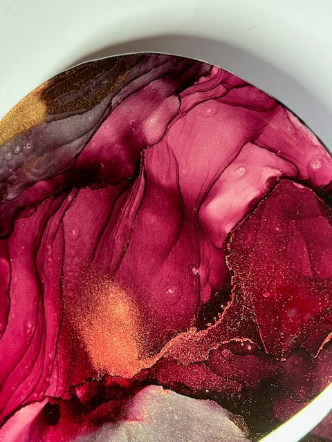 Red abstract painting detail of ouroboros loop in rebirth symbolism. A symbol of renewal revolving around the death tarot and Phoenix myth by Inkandescent Arts.