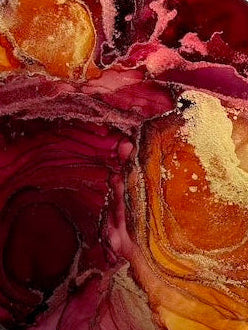 A detailed close up visual of Horizon of Flames, a 10 inch painting of fire based on arcana death and phoenix rising from the ashes. Abstract art in red and orange. 
Rebirth and transformation symbolism in art by Inkandescent Arts.