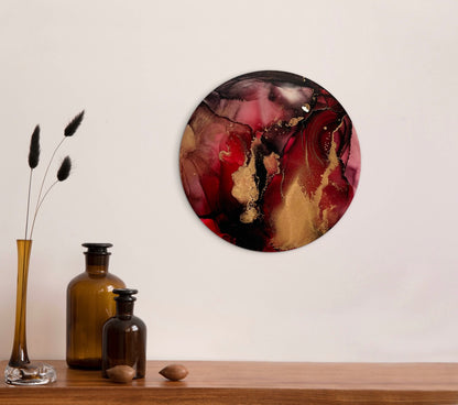 An ethereal artwork of red and gold adorns a hallway wall above a shelf and ornaments. Whimsigoth wall decor and abstract expressionism of the phoenix rising from the ashes; reborn from adversity after being consumed by fire.