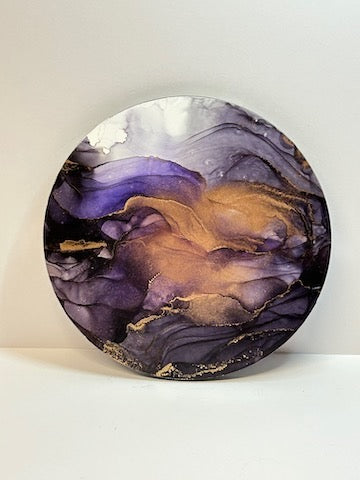 Surreal painting where birds fly into a storm of grey and purple. Gold details.