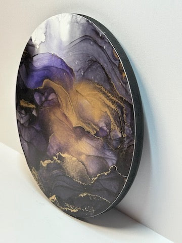 An abstract, original; Wall art in the form of an ethereal, metaphysical fluid ink painting of slate, purple and black.
Gold floods the surface, giving the painting a magical dreamscape appearance, contrasting with the moody essence of storm; sea and sky.

An interpretation of portals of forgotten times.
 
For romance and  fantasy lovers.

Witchy bedroom ideas. Atmospheric art for halls, living rooms and bedrooms.
A touch of elegance to dress your walls.

Perfect for fantasy dream collectors.