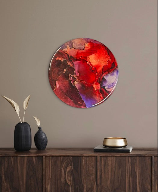 Circle abstract interior art decorating a small living room wall above a console table with ornaments. This contemporary painting is 6 inch and would go well in neutral and dark rooms alike, adding elegance to your room - perfect for a cosy decor setup.