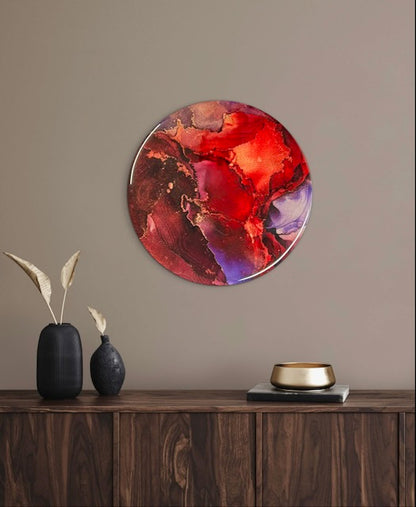Circle abstract interior art decorating a small living room wall above a console table with ornaments. This contemporary painting is 6 inch and would go well in neutral and dark rooms alike, adding elegance to your room - perfect for a cosy decor setup.