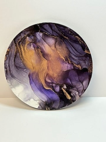 A purple painting with contrasting slate grey and gold.