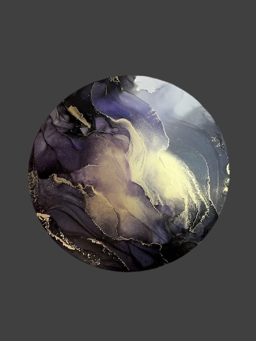 Circular art of slate grey, mystical purple and gold. This abstract painting has ethereal tones that shimmer with gold in certain light. It portrays Psyche and her journey of self discovery, transformation and love.