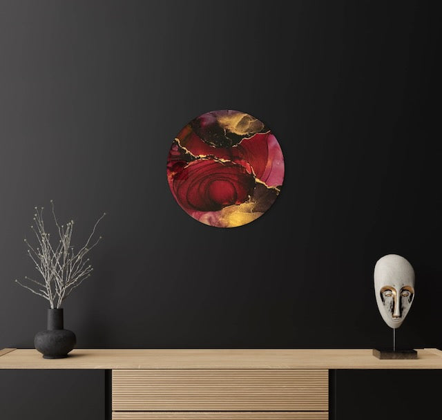 Rebirth, transformation, and change symbol. An original abstract painting of red black and gold on a dark wall in a living room. Tarot wall art - explores the concept of the death card meaning and the Phoenix of Greek mythology through art by Inkandescent Arts.