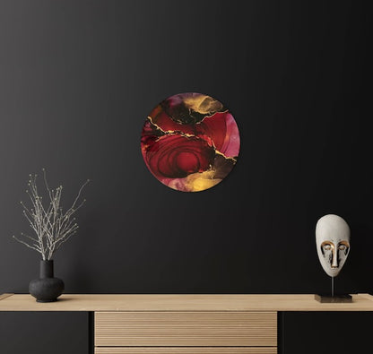 Rebirth, transformation, and change symbol. An original abstract painting of red black and gold on a dark wall in a living room. Tarot wall art - explores the concept of the death card meaning and the Phoenix of Greek mythology through art by Inkandescent Arts.