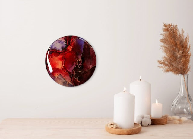 Witchy art - in rich, warm colours, hung on a wall above candles and decor. Foretelling of a major change and rising from the ashes. Symbolic of rebirth, this small abstract round echos the death card in oracle decks and the fire phoenix.  Empowerment art by Inkandescent Arts.